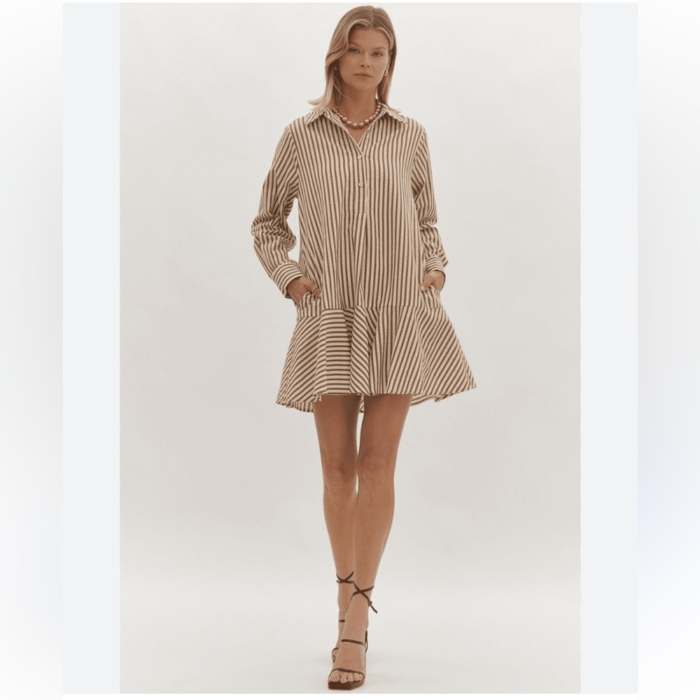 Anthropologie Entro Tan Striped Long Sleeve Dress